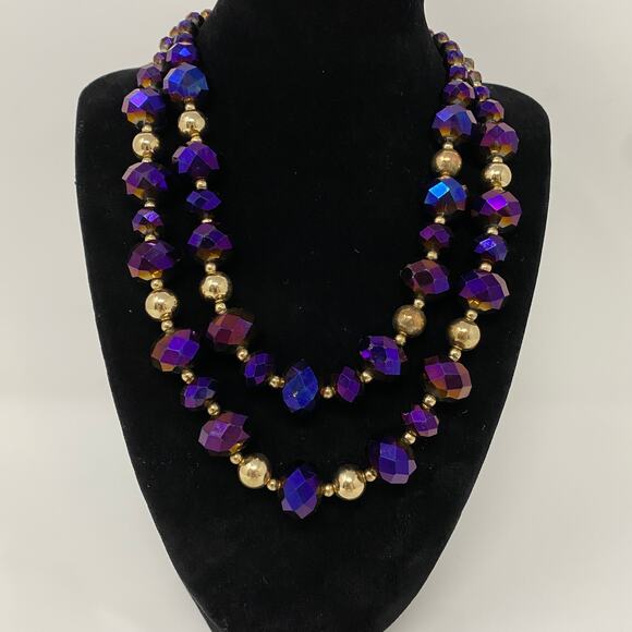 Vintage VERSONA Blue Purple AB Crystal Layered Stranded Necklace Gold Tone Beads - Picture 1 of 7